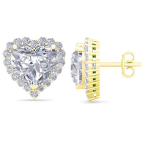 4 1/2 Carat Heart Shape Halo Lab Grown Diamond Stud Earrings In 14 Karat Yellow Gold