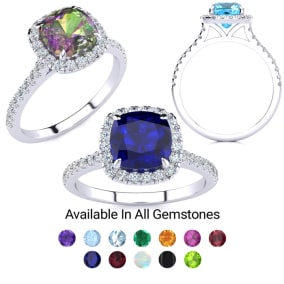 2 Carat Cushion Cut Gemstone and Halo Diamond Ring In Sterling Silver