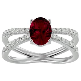 1 1/2 Carat Oval Shape Created Ruby and Halo Diamond Ring In Sterling Silver