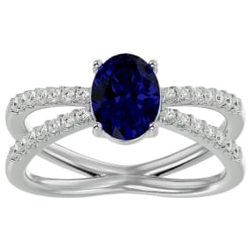 Sapphire Ring: 1 1/2 Carat Oval Shape Created Sapphire and Halo Diamond Ring In Sterling Silver