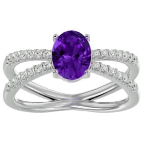 Amethyst Ring: 1 1/2 Carat Oval Shape Amethyst and Halo Diamond Ring In Sterling Silver