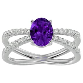 1 1/2 Carat Oval Shape Amethyst and Halo Diamond Ring In Sterling Silver