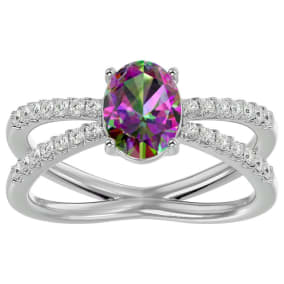 Mystic Topaz Ring: 1 1/2 Carat Oval Shape Mystic Topaz and Halo Diamond Ring In Sterling Silver