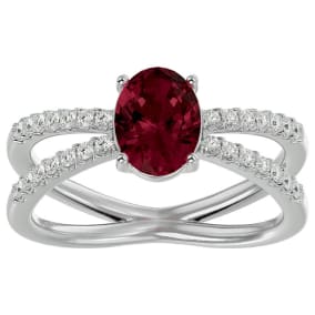 Garnet Ring: 1 1/2 Carat Oval Shape Garnet and Halo Diamond Ring In Sterling Silver