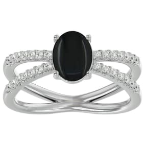 1 1/2 Carat Oval Shape Black Onyx and Halo Diamond Ring In Sterling Silver