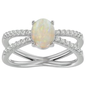 Opal Ring: 1 1/2 Carat Oval Shape Created Opal and Halo Diamond Ring In Sterling Silver
