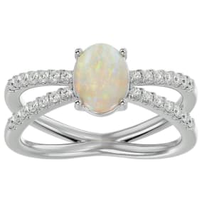 1 1/2 Carat Oval Shape Created Opal and Halo Diamond Ring In Sterling Silver