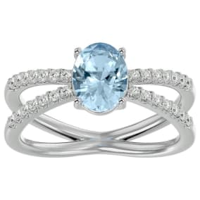 Aquamarine Ring: 1 1/2 Carat Oval Shape Aquamarine and Halo Diamond Ring In Sterling Silver