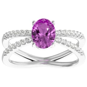 Pink Sapphire Ring: 1 1/2 Carat Oval Shape Created Pink Sapphire and Halo Diamond Ring In Sterling Silver