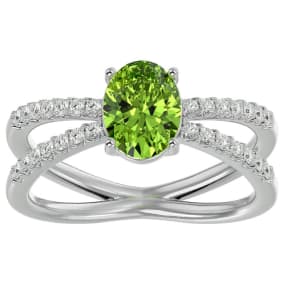 Peridot Ring: 1 1/2 Carat Oval Shape Peridot and Halo Diamond Ring In Sterling Silver