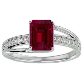 1 3/4 Carat Emerald Shape Created Ruby and Diamond Ring In Sterling Silver