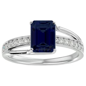 1 3/4 Carat Emerald Shape Created Sapphire and Diamond Ring In Sterling Silver