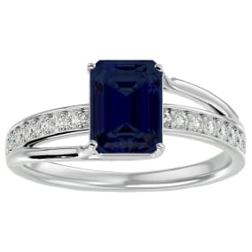 Sapphire Ring: 1 3/4 Carat Emerald Shape Created Sapphire and Diamond Ring In Sterling Silver