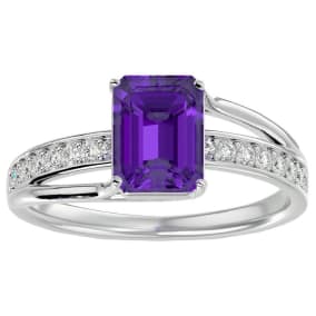 Amethyst Ring: 1 3/4 Carat Emerald Shape Amethyst and Diamond Ring In Sterling Silver