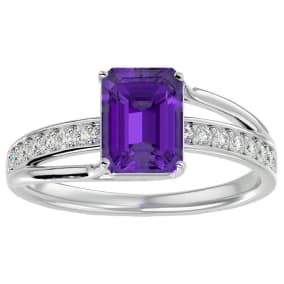 1 3/4 Carat Emerald Shape Amethyst and Diamond Ring In Sterling Silver