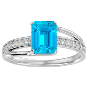 Blue Topaz Ring: 1 3/4 Carat Emerald Shape Blue Topaz and Diamond Ring In Sterling Silver