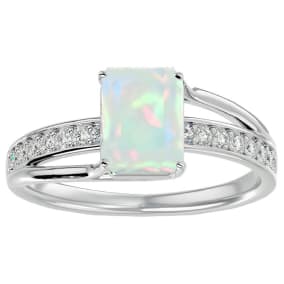 Opal Ring: 1 3/4 Carat Emerald Shape Created Opal and Diamond Ring In Sterling Silver