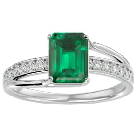 1 3/4 Carat Emerald Shape Created Emerald and Diamond Ring In Sterling Silver