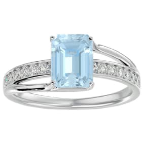 Aquamarine Ring: 1 3/4 Carat Emerald Shape Aquamarine and Diamond Ring In Sterling Silver