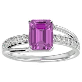 Pink Sapphire Ring: 1 3/4 Carat Emerald Shape Created Pink Sapphire and Diamond Ring In Sterling Silver