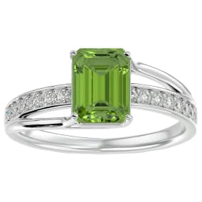 Peridot Ring: 1 3/4 Carat Emerald Shape Peridot and Diamond Ring In Sterling Silver