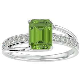 1 3/4 Carat Emerald Shape Peridot and Diamond Ring In Sterling Silver