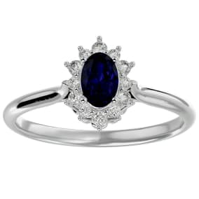 Sapphire Ring: 2/3 Carat Oval Shape Created Sapphire and Halo Diamond Ring In Sterling Silver