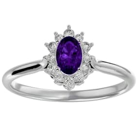 Amethyst Ring: 2/3 Carat Oval Shape Amethyst and Halo Diamond Ring In Sterling Silver