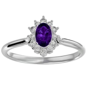 2/3 Carat Oval Shape Amethyst and Halo Diamond Ring In Sterling Silver