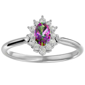 Mystic Topaz Ring: 2/3 Carat Oval Shape Mystic Topaz and Halo Diamond Ring In Sterling Silver