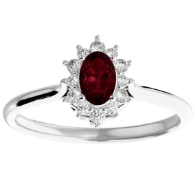 2/3 Carat Oval Shape Garnet and Halo Diamond Ring In Sterling Silver