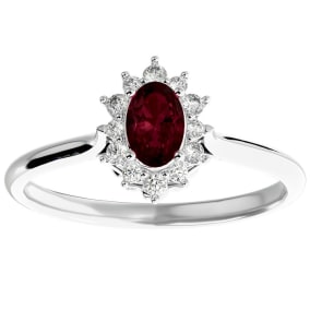 Garnet Ring: 2/3 Carat Oval Shape Garnet and Halo Diamond Ring In Sterling Silver