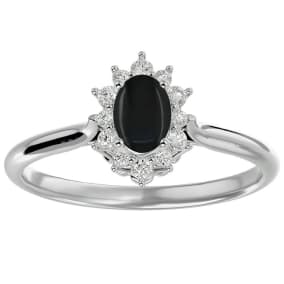 2/3 Carat Oval Shape Black Onyx and Halo Diamond Ring In Sterling Silver