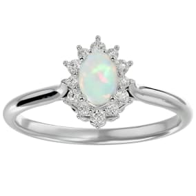 Opal Ring: 2/3 Carat Oval Shape Created Opal and Halo Diamond Ring In Sterling Silver