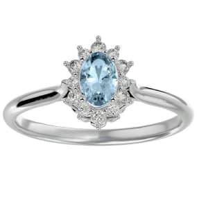 Aquamarine Ring: 2/3 Carat Oval Shape Aquamarine and Halo Diamond Ring In Sterling Silver