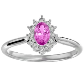 Pink Sapphire Ring: 2/3 Carat Oval Shape Created Pink Sapphire and Halo Diamond Ring In Sterling Silver