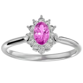 2/3 Carat Oval Shape Created Pink Sapphire and Halo Diamond Ring In Sterling Silver