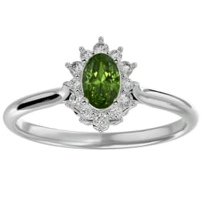 Peridot Ring: 2/3 Carat Oval Shape Peridot and Halo Diamond Ring In Sterling Silver