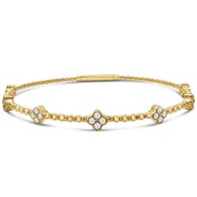 1/2 Carat Lab Grown Diamond Flower Flexible Bangle Bracelet In 14 Karat Yellow Gold, 7 Inches