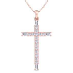 3/4 Carat Baguette and Round Diamond Cross Necklace In 14K Rose Gold, 18 Inches