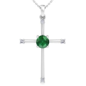 1/2 Carat Emerald and Diamond Cross Necklace In 14K White Gold, 18 Inches