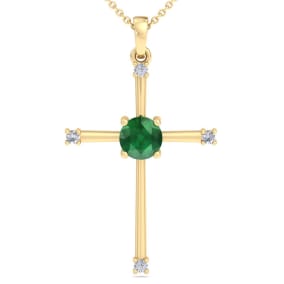 1/2 Carat Emerald and Diamond Cross Necklace In 14K Yellow Gold, 18 Inches