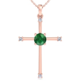 1/2 Carat Emerald and Diamond Cross Necklace In 14K Rose Gold, 18 Inches