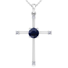 1/2 Carat Sapphire and Diamond Cross Necklace In 14K White Gold, 18 Inches