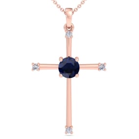 1/2 Carat Sapphire and Diamond Cross Necklace In 14K Rose Gold, 18 Inches