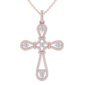 1 Carat Diamond Cross Necklace In 14K Rose Gold, 18 Inches