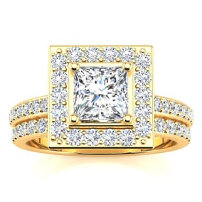 2 Carat Princess Cut Halo Lab Grown Diamond Bridal Set in 14k Yellow Gold