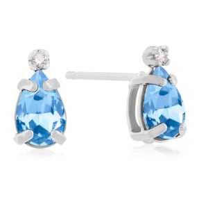1ct Pear Shaped Blue Topaz and Diamond Earrings in 14k White Gold
