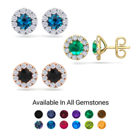 2 1/2 Carat Diamond and Gemstone Halo Stud Earrings In 14K White Gold and Yellow Gold