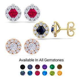 1 1/2 Carat Diamond and Gemstone Halo Stud Earrings In 14 Karat White Gold and Yellow Gold